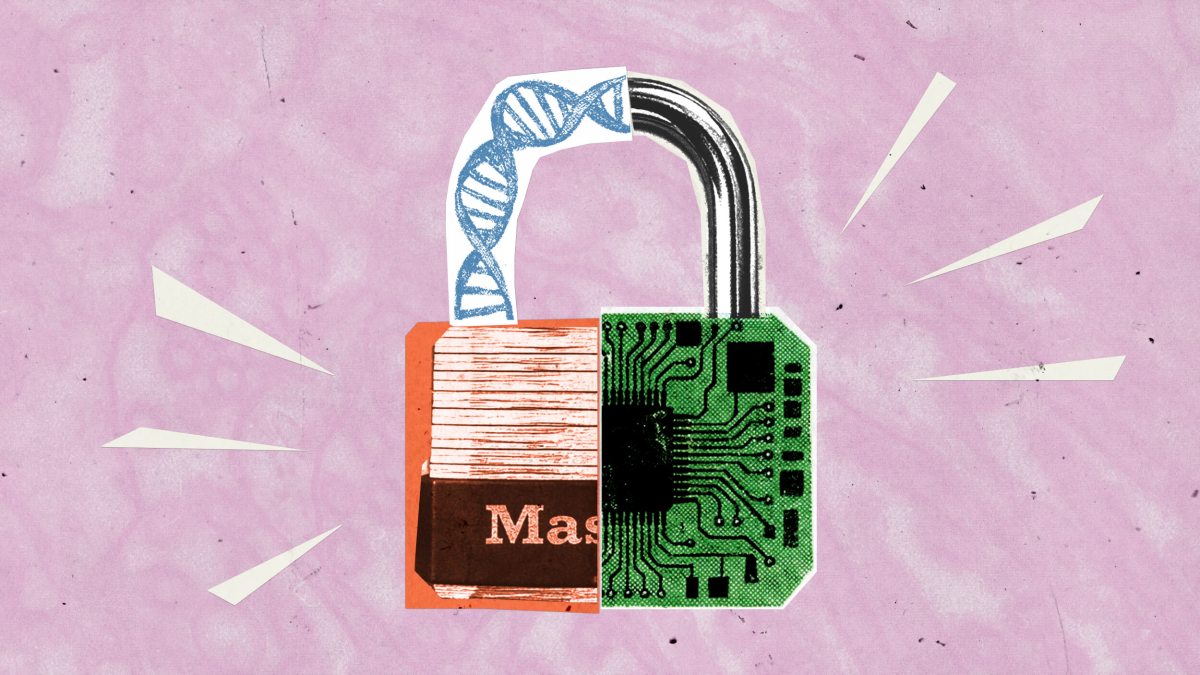 An illustration of a padlock with one half depicting a DNA strand and the other half showing a green circuit board pattern, symbolizing biodefense, set against a pink background.