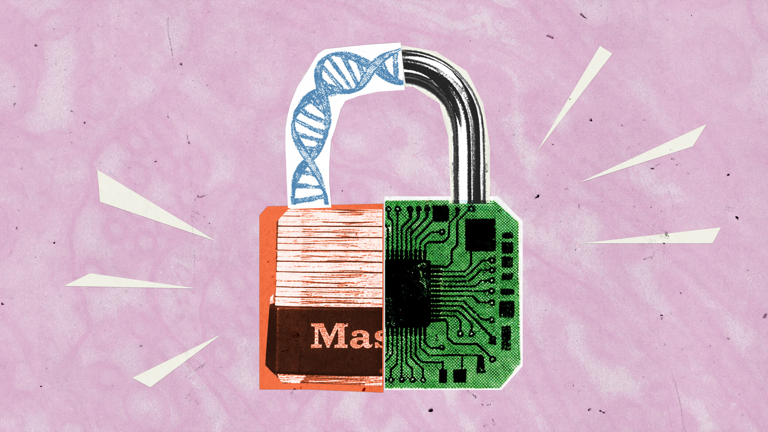 An illustration of a padlock with one half depicting a DNA strand and the other half showing a green circuit board pattern, symbolizing biodefense, set against a pink background.