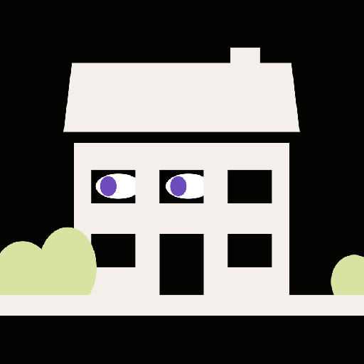 A simple illustration of a house with two windows featuring cartoon eyes, set against a black background with minimal greenery—perfect for fans of that "wired on Wall Street" aesthetic.
