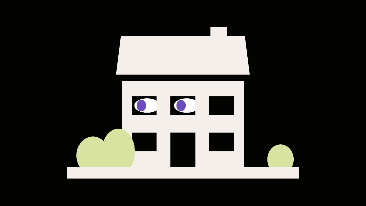 A simple illustration of a house with two windows featuring cartoon eyes, set against a black background with minimal greenery—perfect for fans of that "wired on Wall Street" aesthetic.