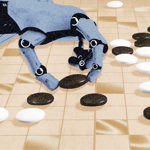 A robotic hand places a black stone on a Go board, surrounded by scattered black and white stones.