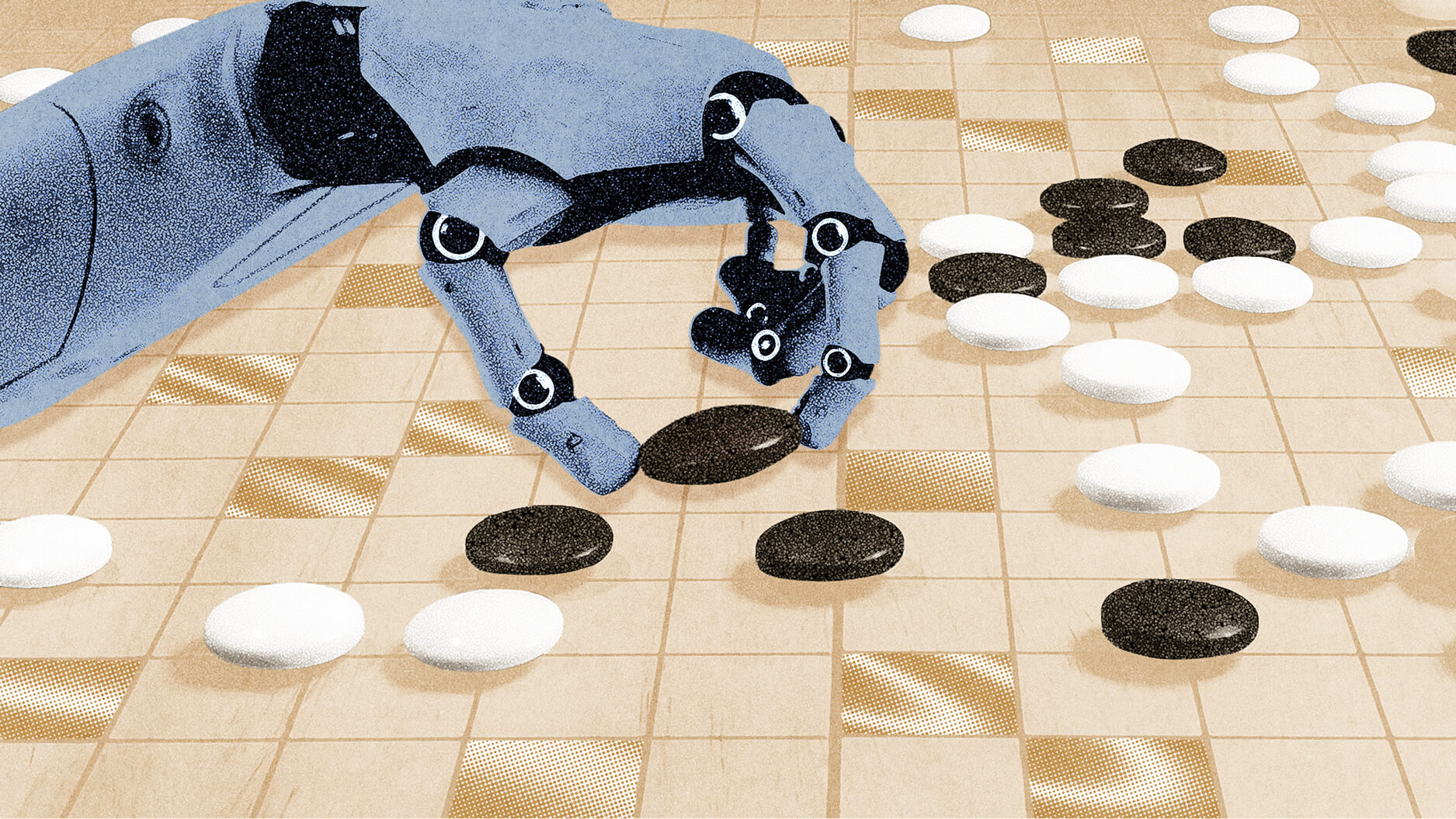 A robotic hand places a black stone on a Go board, surrounded by scattered black and white stones.