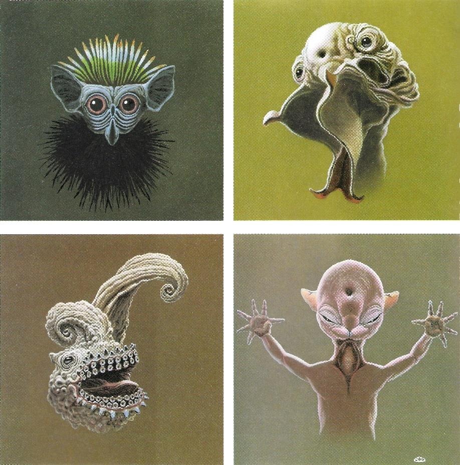 A grid of four panels, each depicting a surreal, alien-like creature imagined through the lens of speculative evolution. Unique textures, bold colors, and exaggerated features stand out against simple backgrounds.