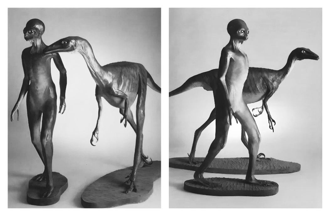 Two black-and-white photos showcase sculptures inspired by speculative evolution: a humanoid figure and a dinosaur-like creature stand side by side on display bases.