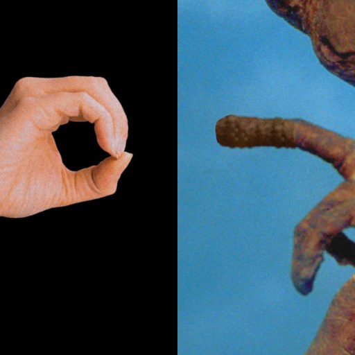 A split image showing a human hand making an "OK" gesture on the left, and an alien hand pointing with a glowing fingertip on the right.
