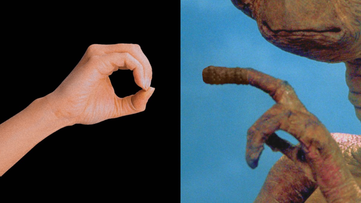A split image showing a human hand making an "OK" gesture on the left, and an alien hand pointing with a glowing fingertip on the right.