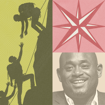 A collage featuring climbers helping each other, a pink compass rose, and a smiling man in a suit, all with a muted color palette.