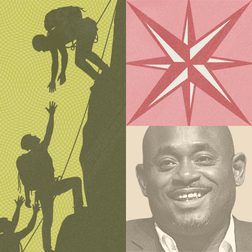 A collage featuring climbers helping each other, a pink compass rose, and a smiling man in a suit, all with a muted color palette.