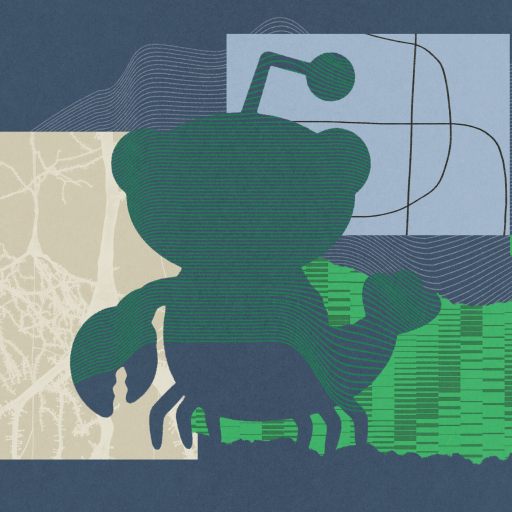 Silhouette of Reddit's alien mascot overlaid on abstract geometric shapes and patterns in green, blue, and beige tones.