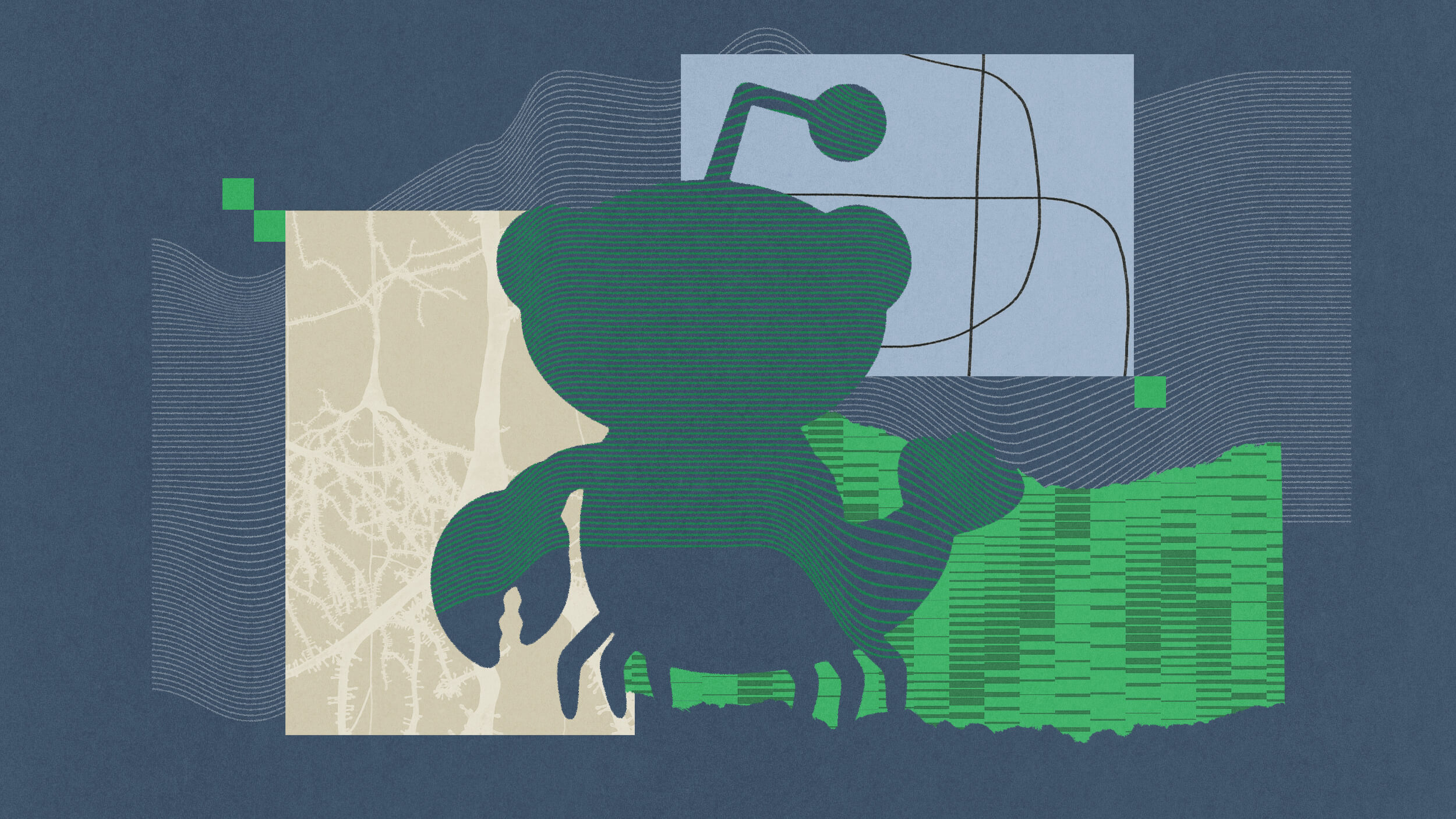 Silhouette of Reddit's alien mascot overlaid on abstract geometric shapes and patterns in green, blue, and beige tones.