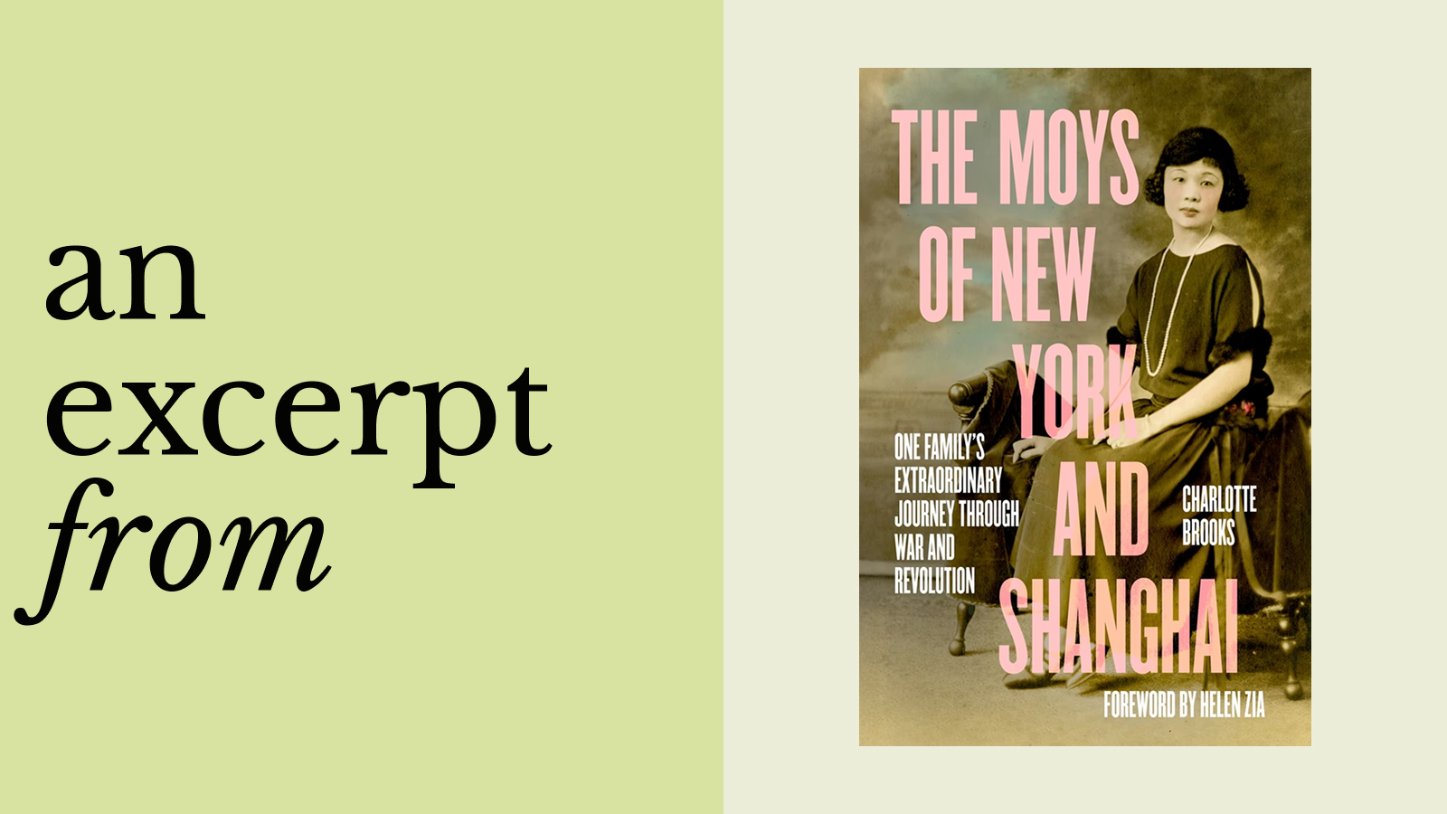 Book cover of "The Moys of New York and Shanghai" by Charlotte Brooks, featuring a sepia photo of a woman seated, next to the words "an excerpt from" on a light background.