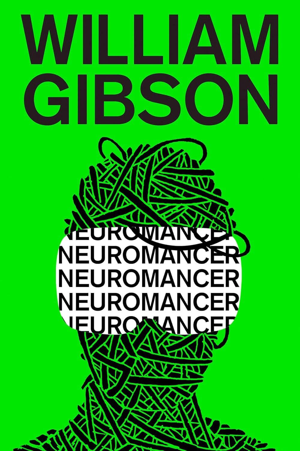 Book cover of "Neuromancer" by William Gibson, featuring a stylized silhouette formed by black lines on a bright green background, with the title repeated across the face.