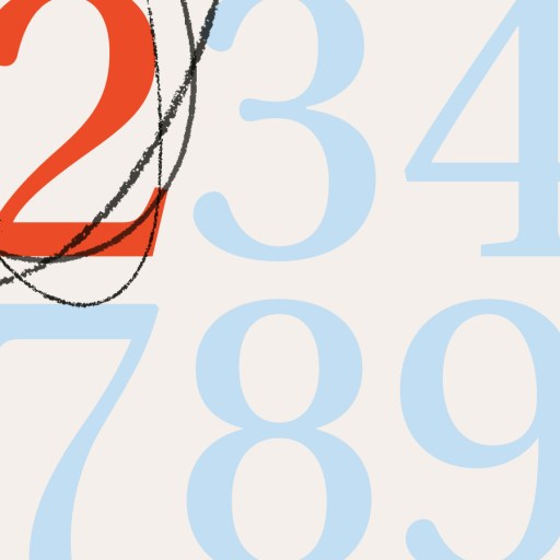 A set of large blue numbers from 1 to 9, with the number 2 in bold red and black scribbles drawn over it.