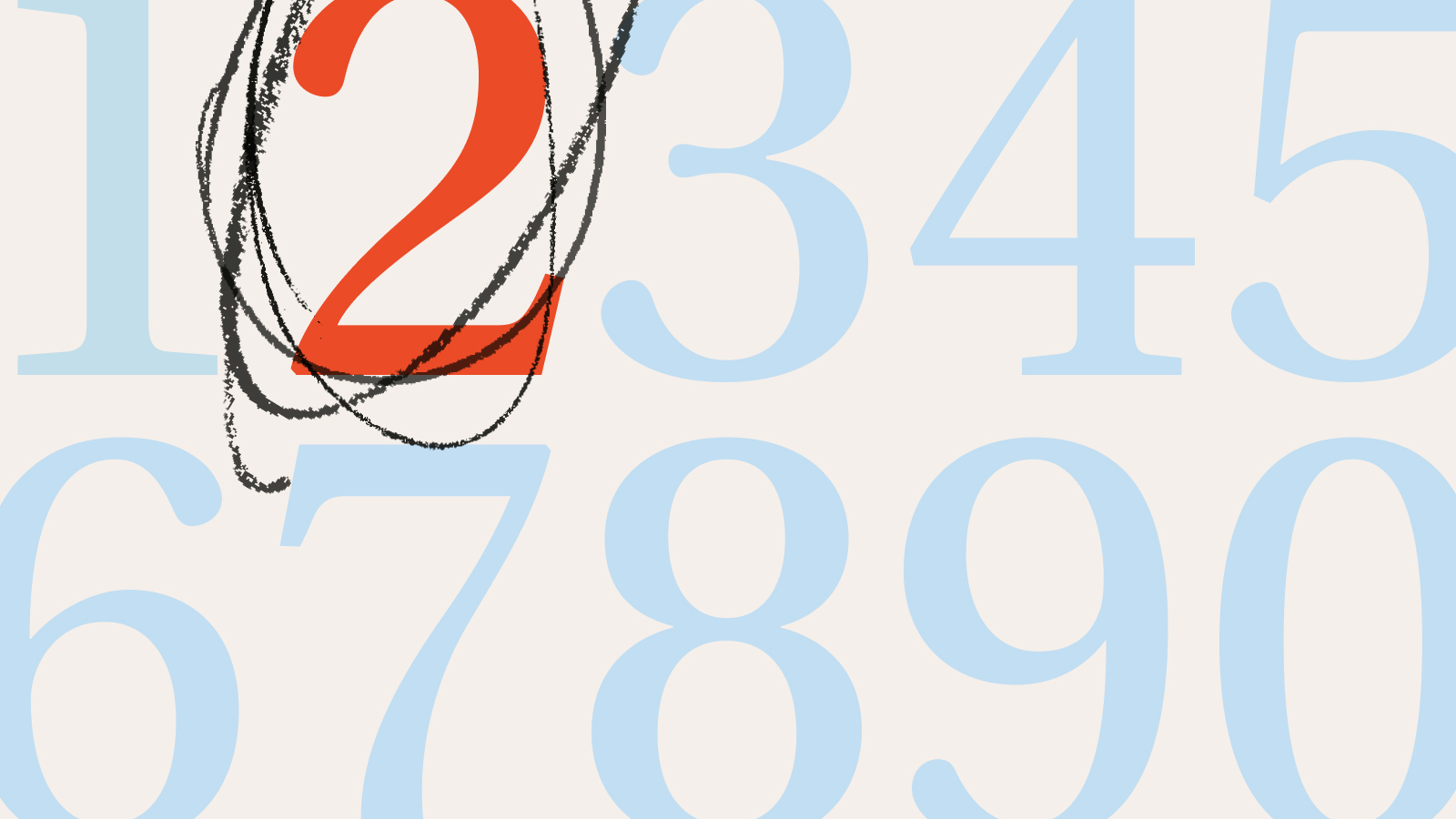 A set of large blue numbers from 1 to 9, with the number 2 in bold red and black scribbles drawn over it.