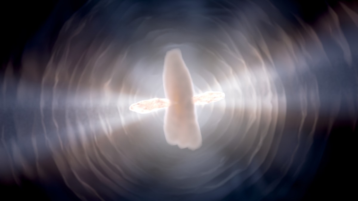 A luminous dying sun with jets and swirling clouds appears at the center of a dark background, encircled by concentric patterns—an image reminiscent of Hubble’s stunning cosmic view.