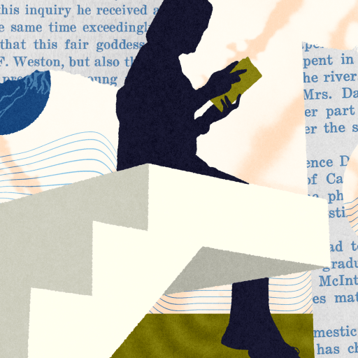 A silhouette of a person reading a book sits on abstract, geometric stairs overlaid on collaged text and blue circular patterns.