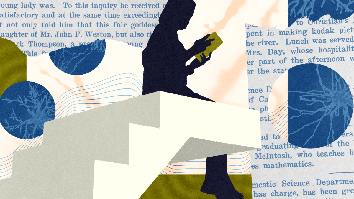 A silhouette of a person reading a book sits on abstract, geometric stairs overlaid on collaged text and blue circular patterns.