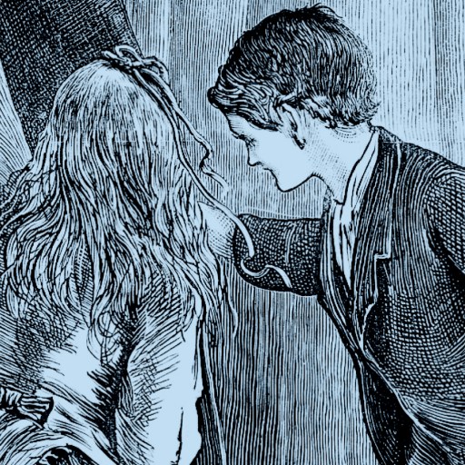 A young girl and a boy, their curiosity piqued, peer behind a curtain, illustrated in a detailed, vintage etching style.