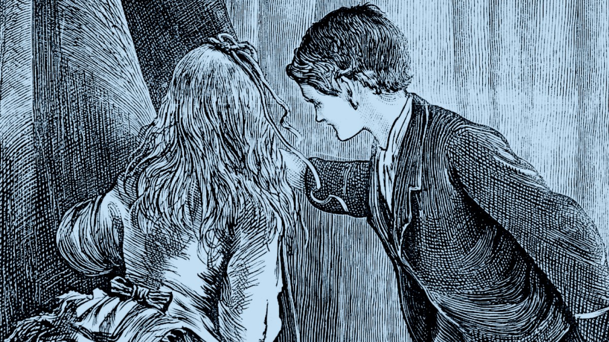 A young girl and a boy, their curiosity piqued, peer behind a curtain, illustrated in a detailed, vintage etching style.