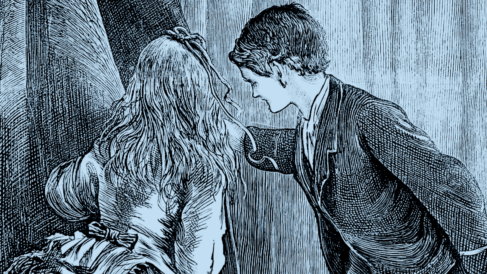 A young girl and a boy, their curiosity piqued, peer behind a curtain, illustrated in a detailed, vintage etching style.