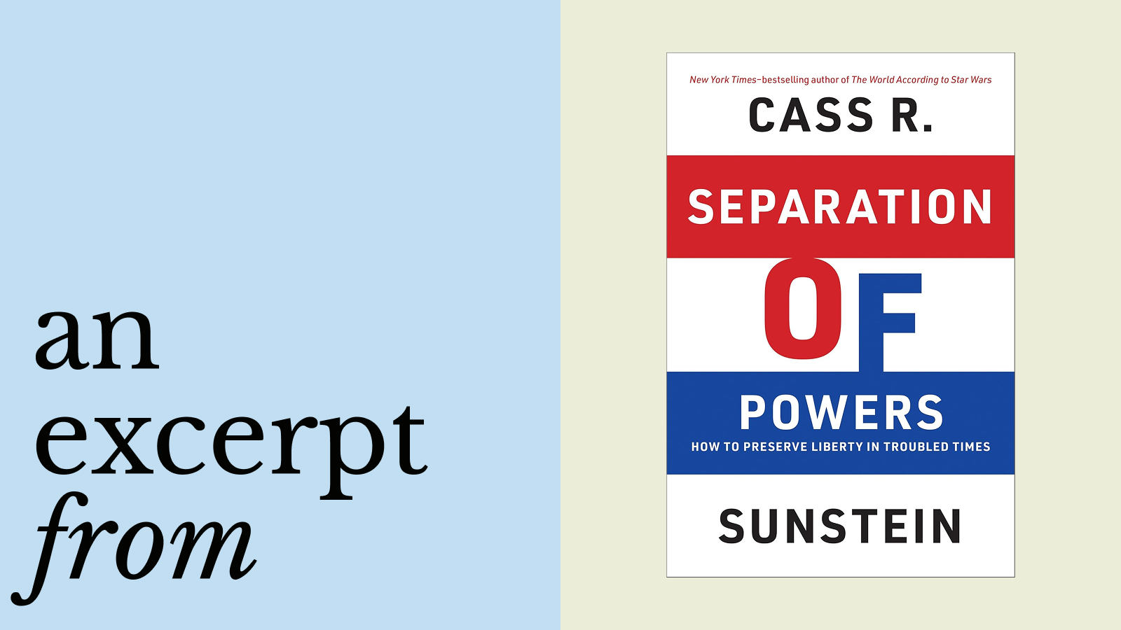 The cover of "Separation of Powers" by Cass R. Sunstein appears next to text reading "an excerpt from" on a split light blue and beige background.