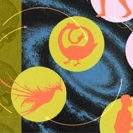 Illustration of various animal and human silhouettes in colored circles connected by arrows, set against a textured abstract background, evoking themes of speculative evolution.