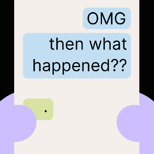 A person with purple hands holds a phone displaying text messages that read, "OMG then what happened??.