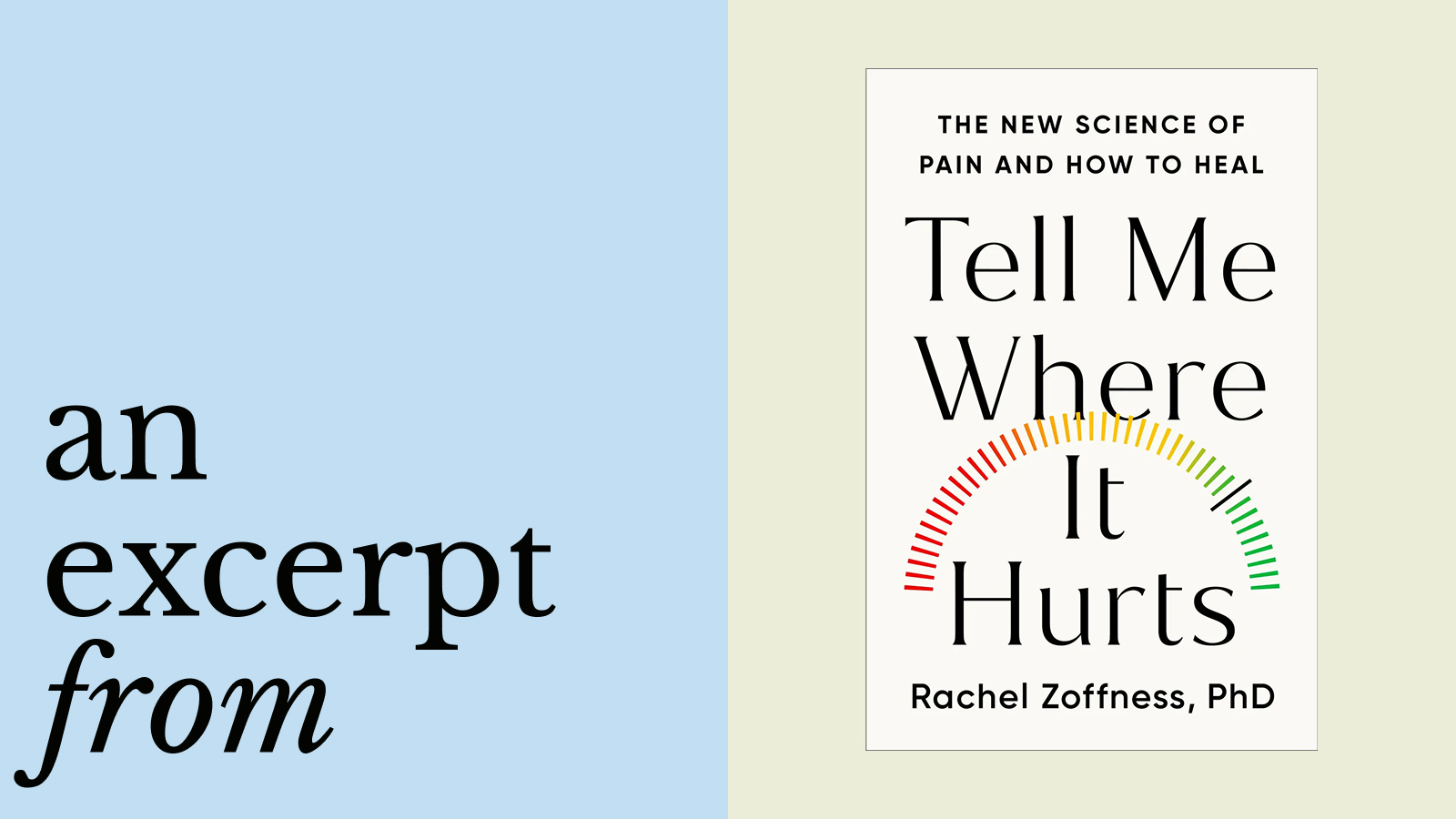 Book cover of "Tell Me Where It Hurts" by Rachel Zoffness, PhD, next to the text "an excerpt from" on a pastel background.