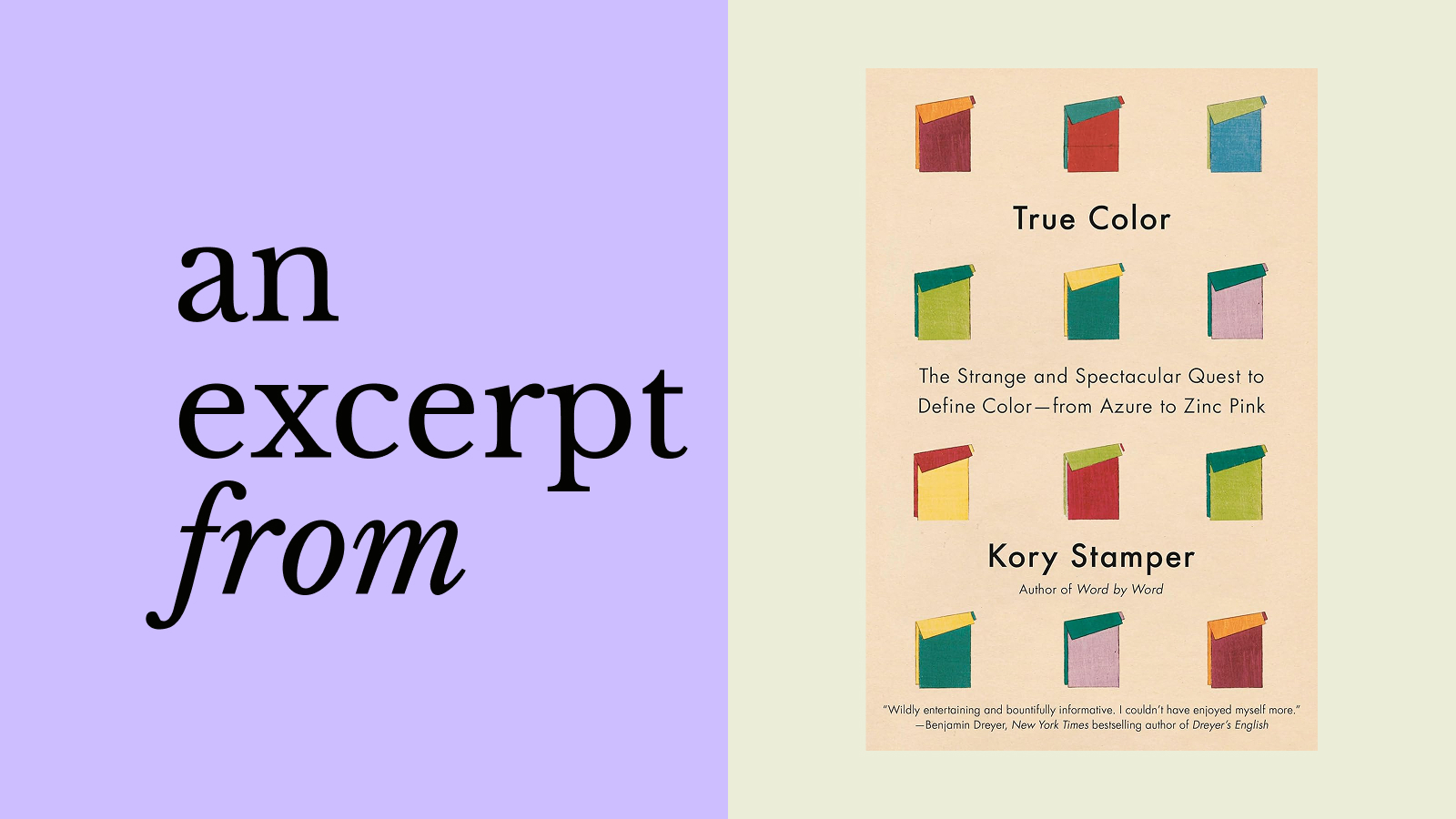 Book cover of "True Color" by Kory Stamper, featuring illustrations of colorful closed books and the subtitle about defining color from Azure to Zinc Pink.