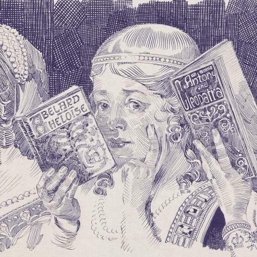 Three women in historical attire are shown reading different books, captured in a detailed, vintage-style illustration with fine linework.