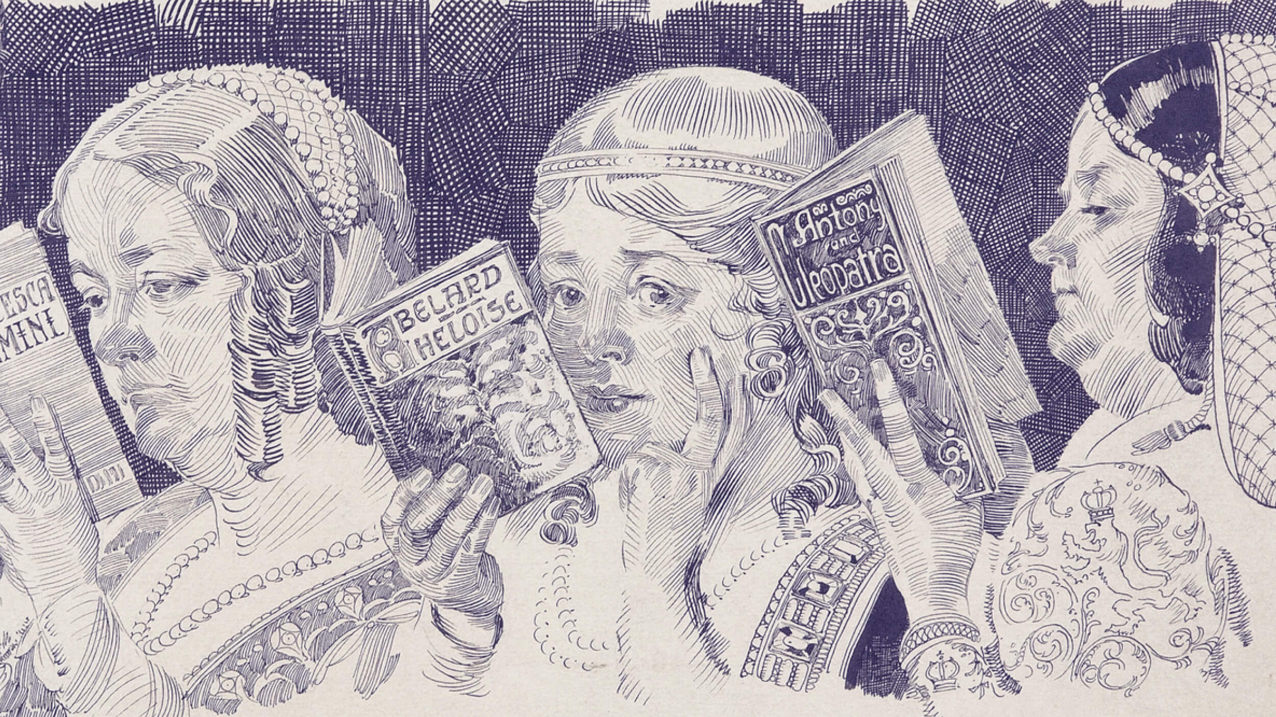 Three women in historical attire are shown reading different books, captured in a detailed, vintage-style illustration with fine linework.