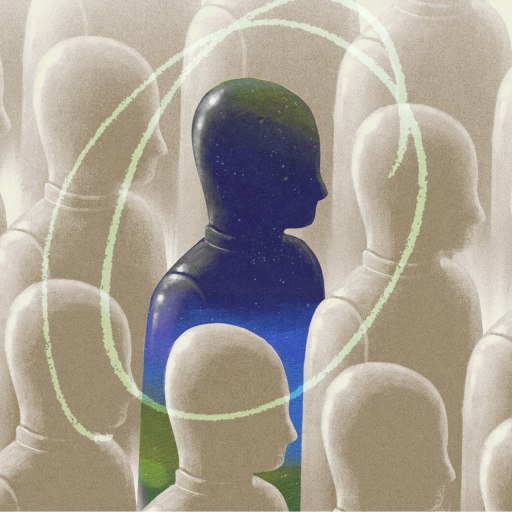 A group of identical, featureless figures with one central figure colored dark blue and green, surrounded by swirling lines.