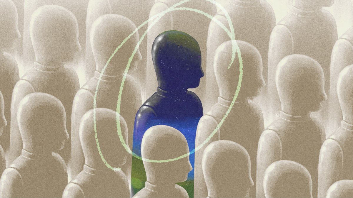 A group of identical, featureless figures with one central figure colored dark blue and green, surrounded by swirling lines.