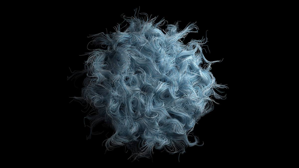 A round, abstract blue structure with numerous flowing, curly strands extends outward against a solid black background, evoking the dynamic intelligence of BrainMaxxing AI.