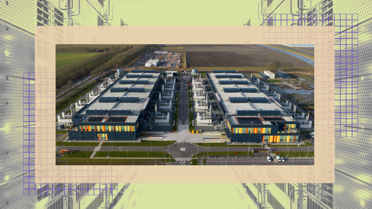 Aerial view of two large rectangular data center buildings with surrounding infrastructure and parking, situated in a rural area.