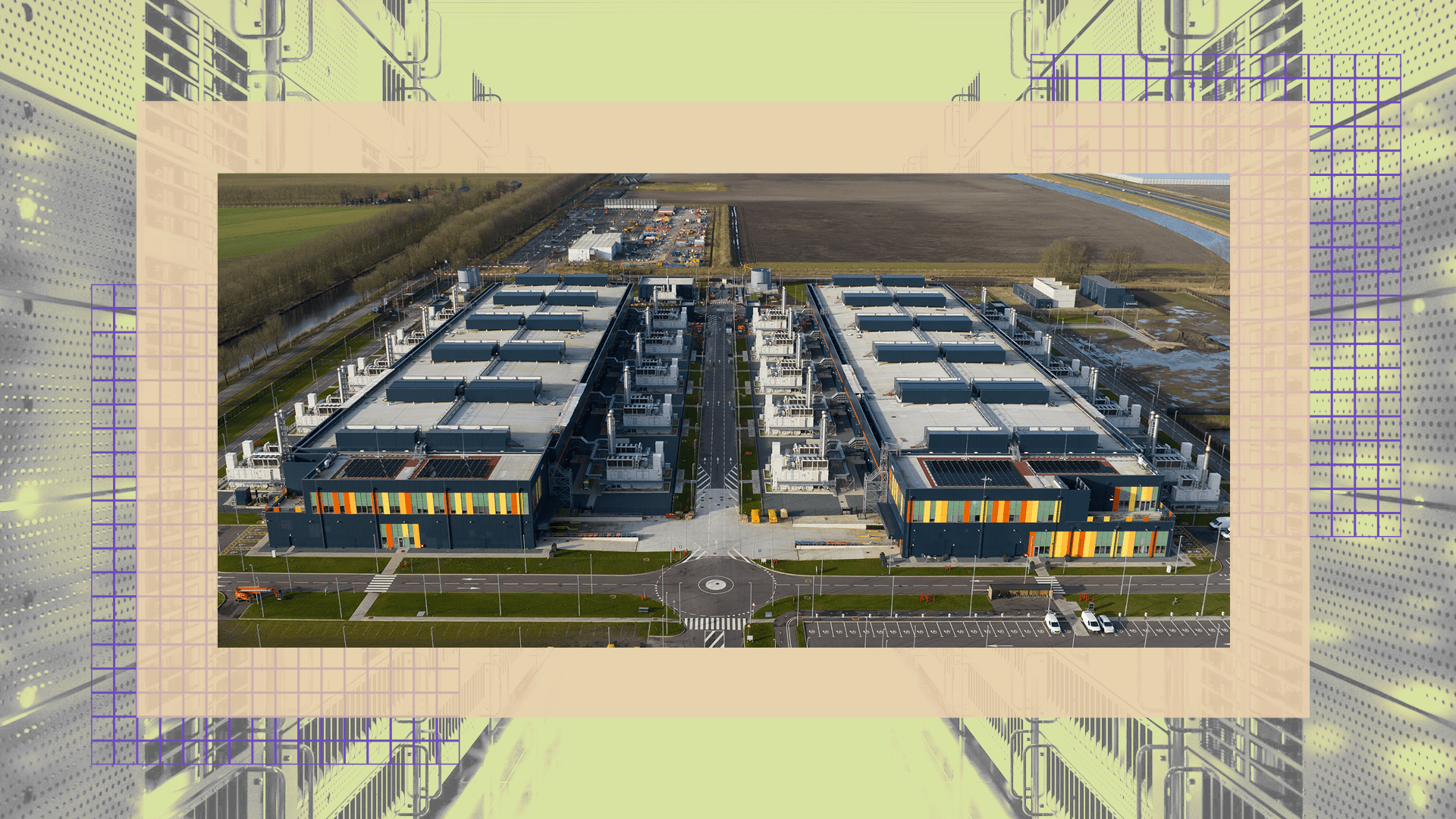 Aerial view of two large rectangular data center buildings with surrounding infrastructure and parking, situated in a rural area.