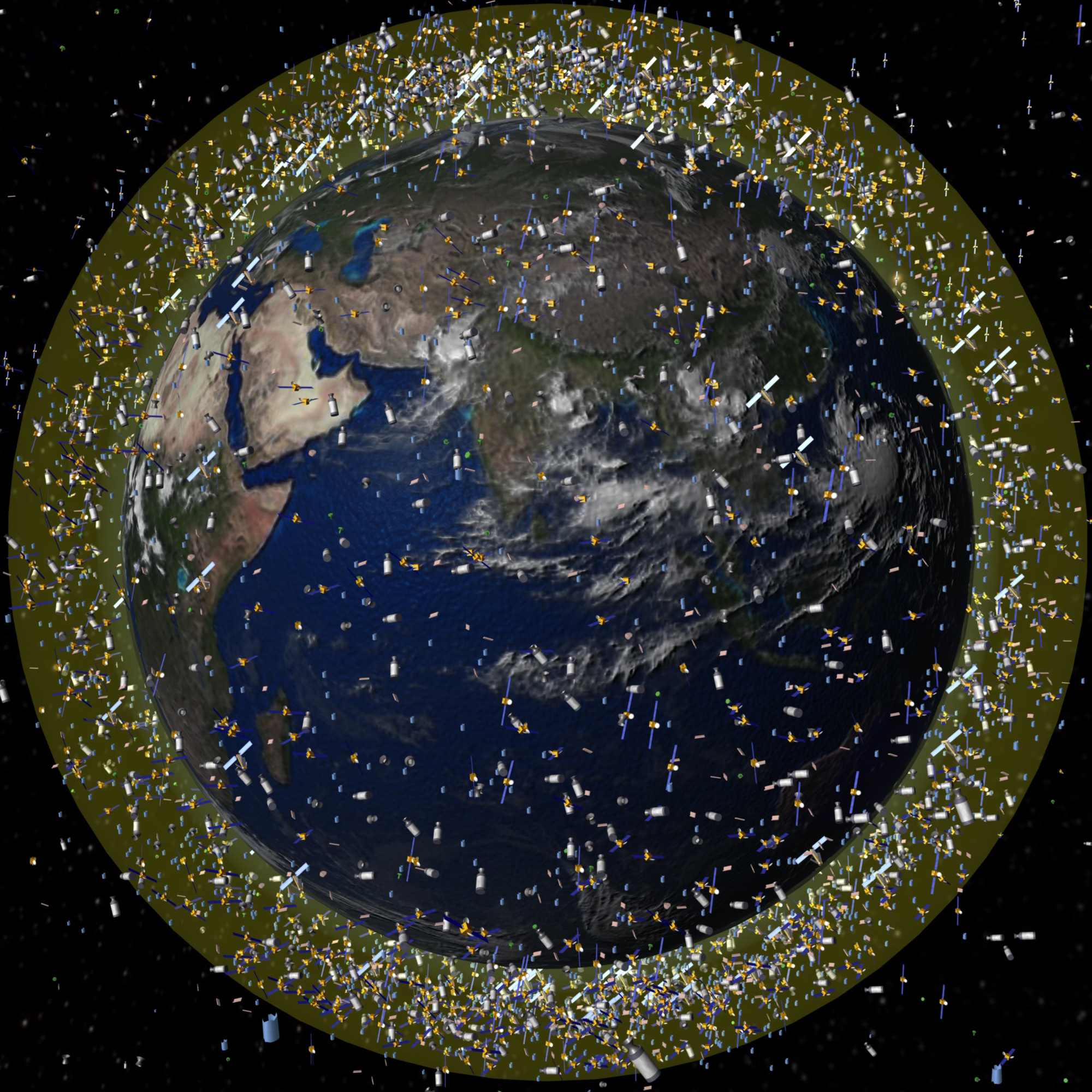 Digital illustration of Earth showing a large amount of space debris and satellites orbiting the planet, highlighting the issue of space junk.