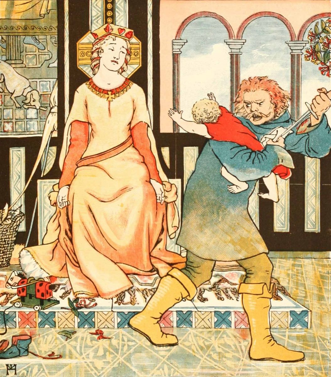 A queen sits on a throne looking distressed while a man angrily holds a child in one arm and raises a knife in the other. Chess pieces and a toy are scattered on the floor.