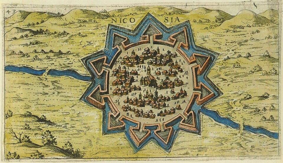 Historical map illustration of Nicosia showing a star-shaped fortress with buildings inside, surrounded by a river and a rural landscape.