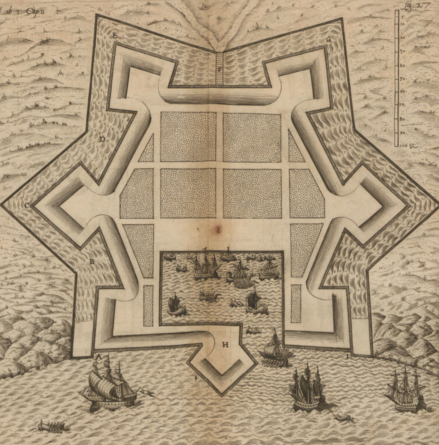 A historical map illustration shows a star-shaped coastal fort with geometric walls, surrounded by water and several sailing ships offshore.
