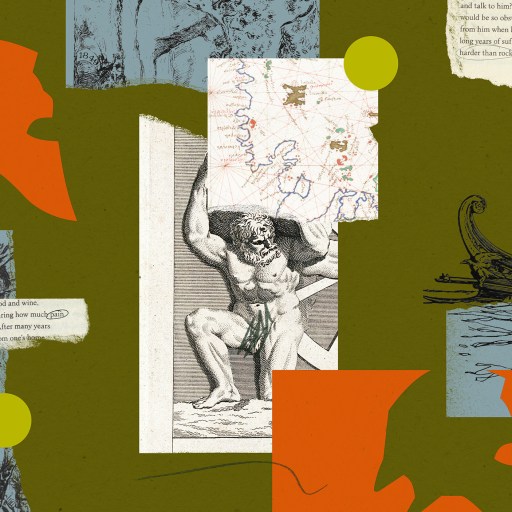 A collage featuring classical illustrations: a muscular figure holding up a map, fragments of text, silhouettes, a ship drawing, and tree branches on a green background.