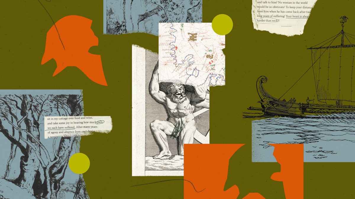 A collage featuring classical illustrations: a muscular figure holding up a map, fragments of text, silhouettes, a ship drawing, and tree branches on a green background.