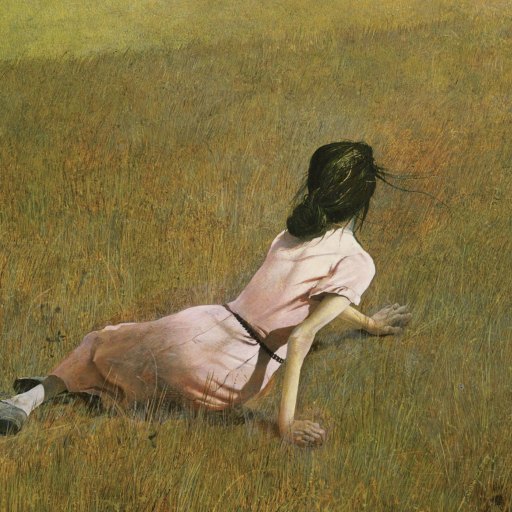 A woman in a pink dress lies on the grass in a field, facing away and looking toward the distance.