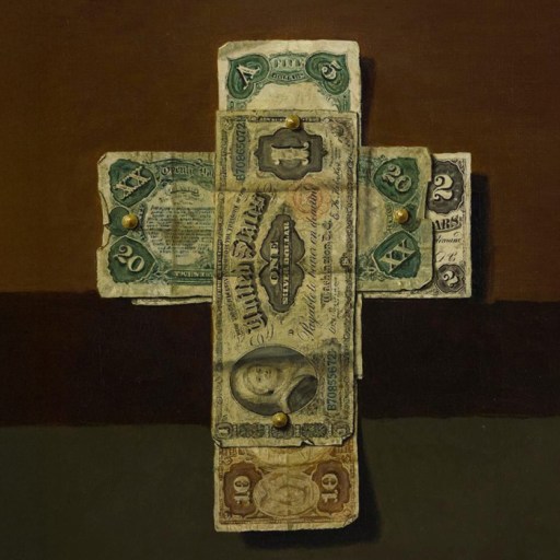 A cross made from various denominations of old U.S. paper currency is fastened together with brass tacks, set against a brown background.
