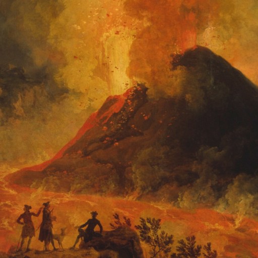 A volcano erupts at night, spewing lava and smoke, while several people observe from a distance in the foreground.