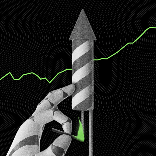 A robotic hand holds a striped rocket in front of a green upward-trending line graph on a black patterned background.