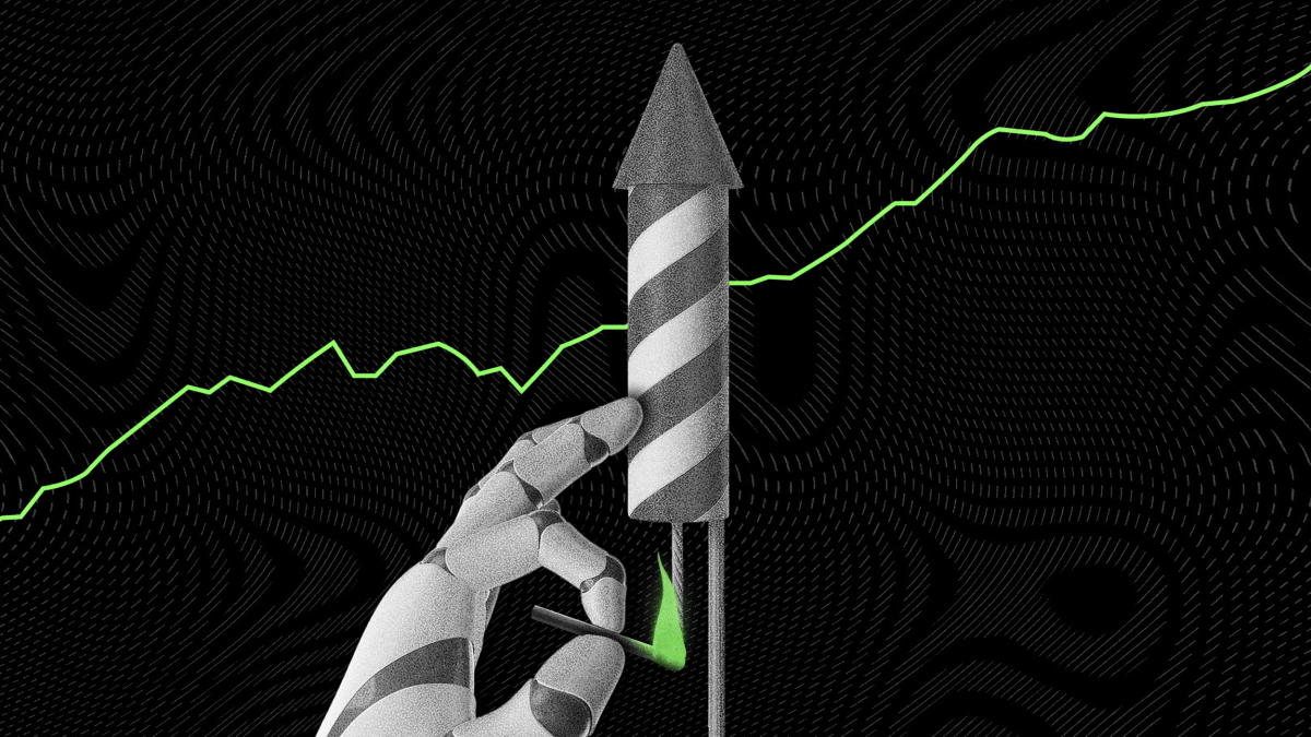A robotic hand holds a striped rocket in front of a green upward-trending line graph on a black patterned background.