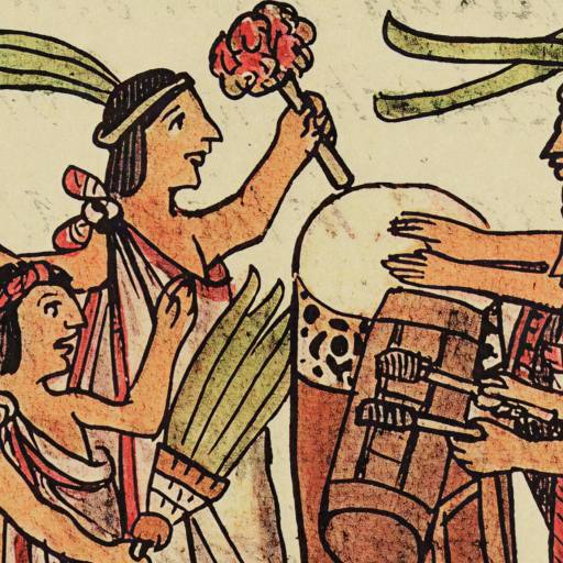 Illustration in Aztec style showing four people with headdresses holding plants, a flower, and a drum, appearing to engage in a ceremonial or festive activity that explores themes of moral luck.