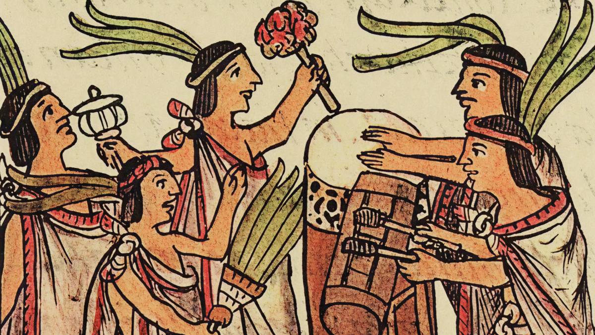 Illustration in Aztec style showing four people with headdresses holding plants, a flower, and a drum, appearing to engage in a ceremonial or festive activity that explores themes of moral luck.