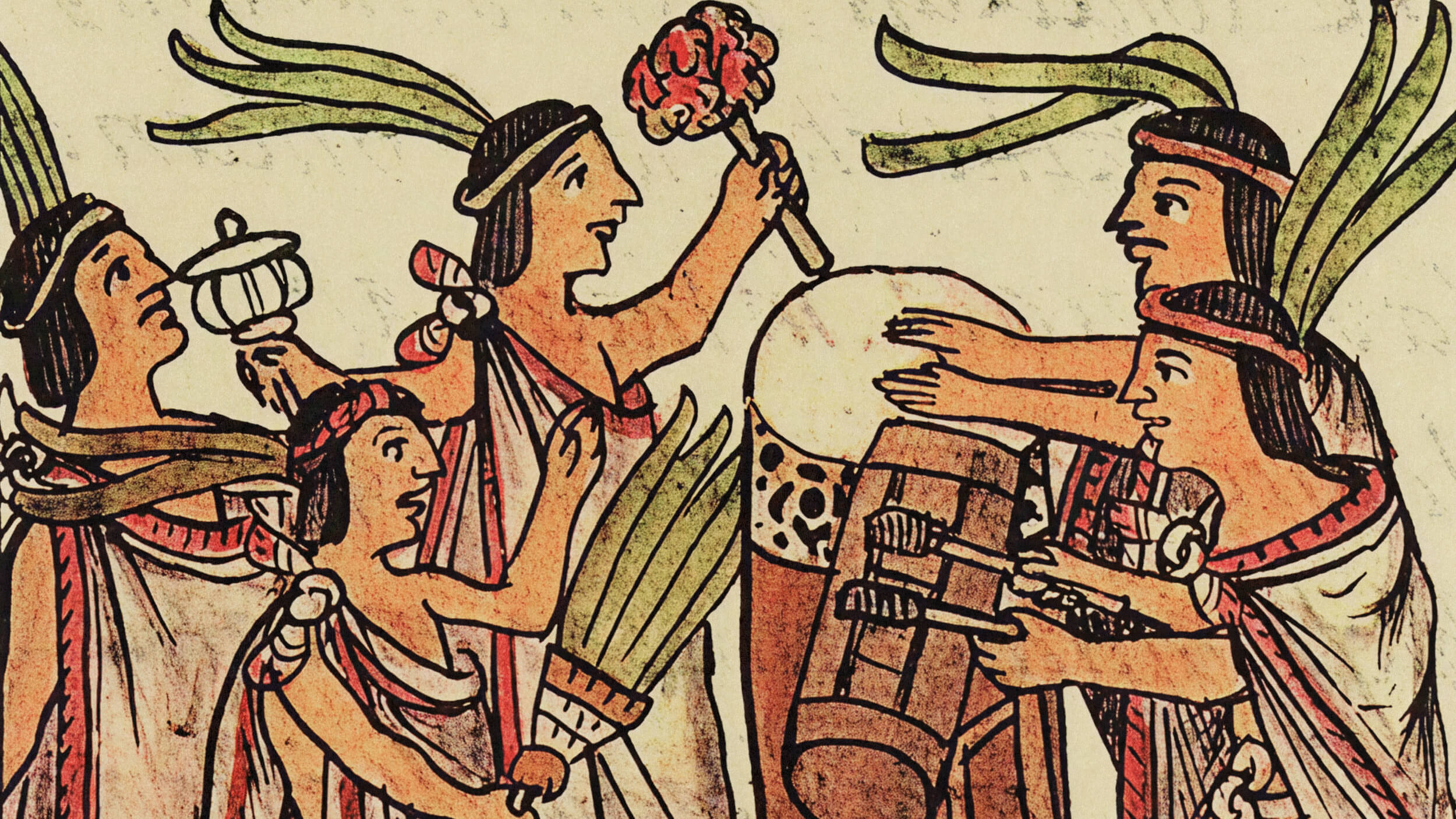 Illustration in Aztec style showing four people with headdresses holding plants, a flower, and a drum, appearing to engage in a ceremonial or festive activity that explores themes of moral luck.